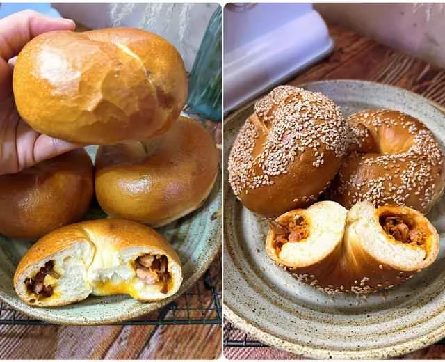 Recipe for Termitomyces mushroom, German sausage, spicy pork floss, and diamond-patterned bagel
